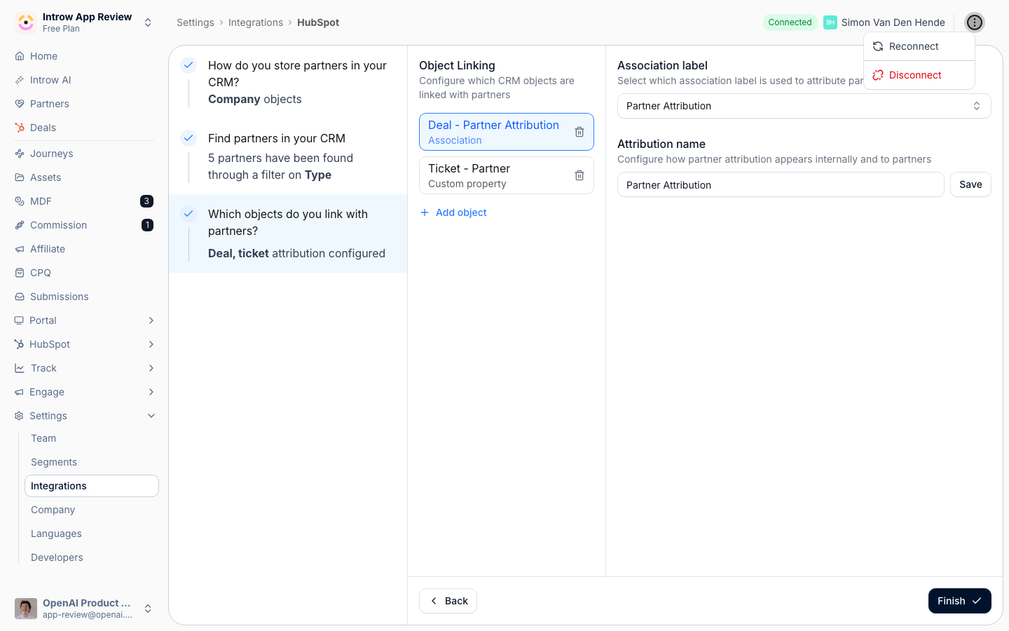A CRM integration's detail header showing the connected CRM user, with the three-dots menu open on Reconnect and Disconnect