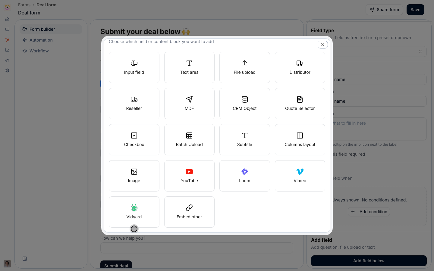 The Add to form picker in the form builder, showing the YouTube, Loom, Vimeo, Vidyard, and Embed other tiles