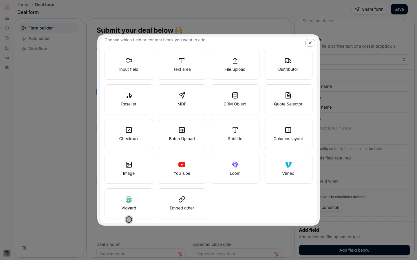 The Add to form picker in the form builder, showing the YouTube, Loom, Vimeo, Vidyard, and Embed other tiles