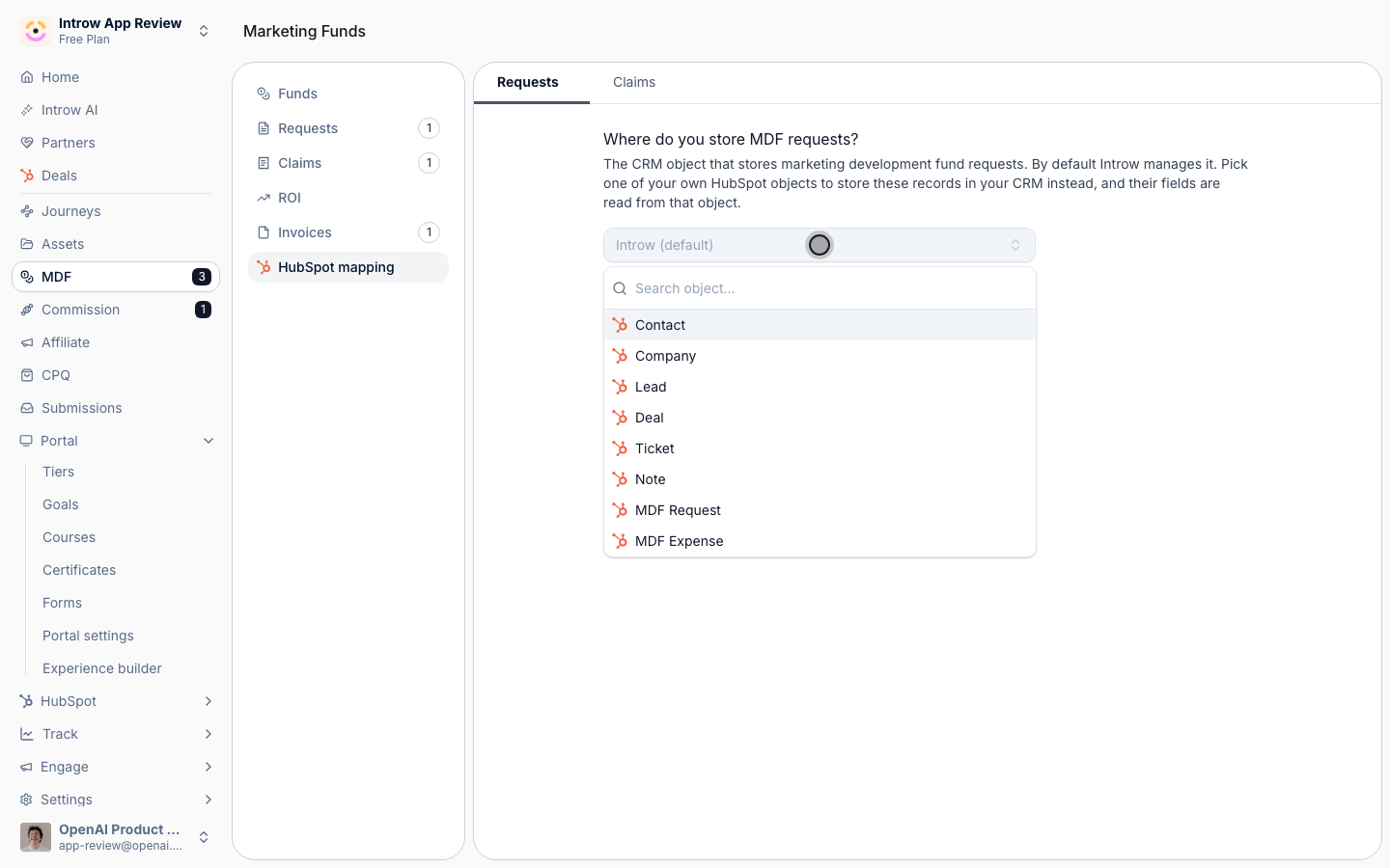 The Where do you store MDF requests? picker open on the HubSpot mapping tab, listing the organisation's own HubSpot objects