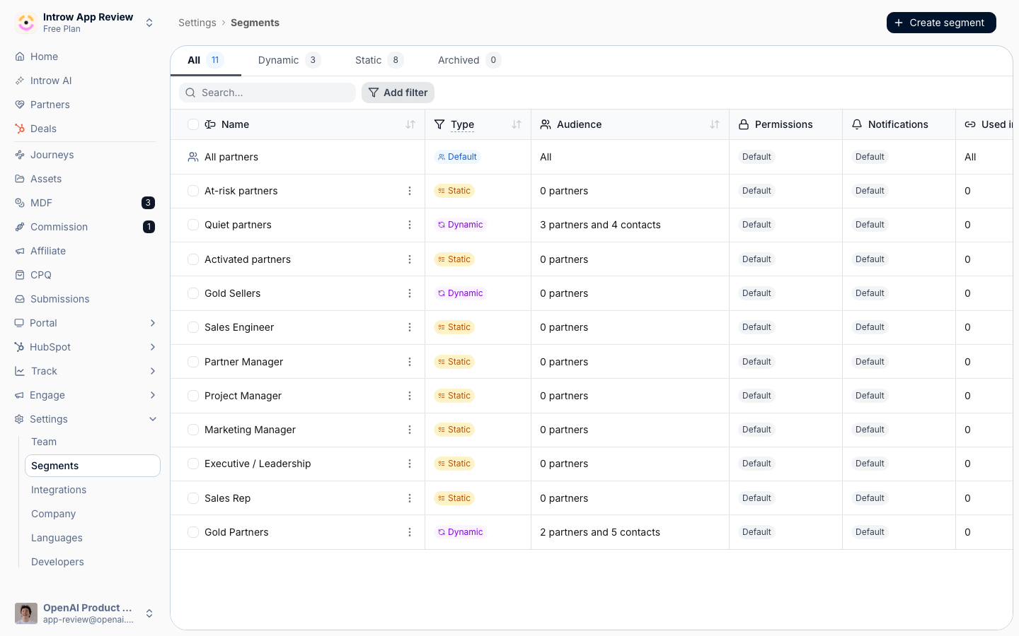 The segments list with All partners pinned as its first row, carrying a Default type pill and Default in the Permissions and Notifications columns