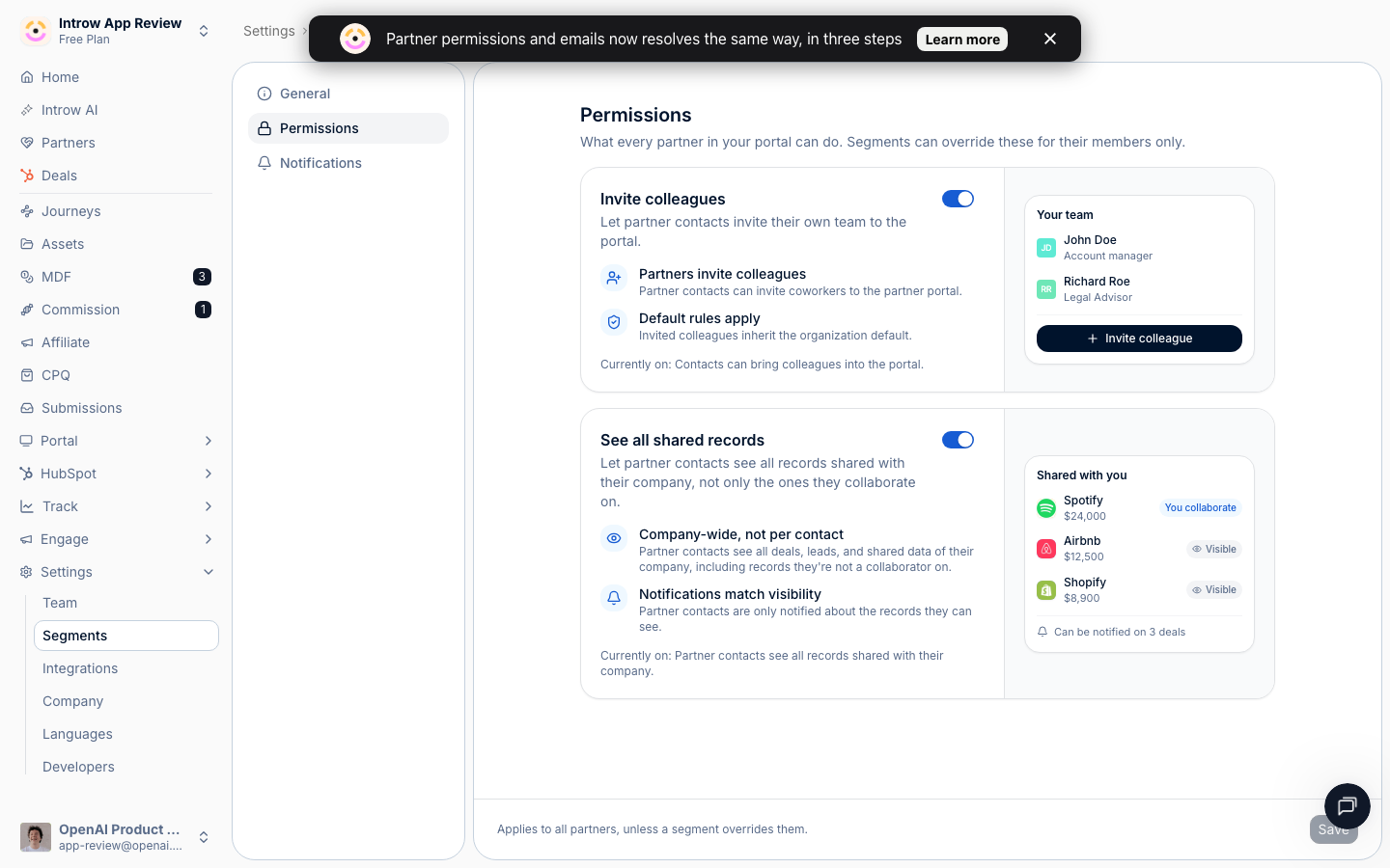 The Permissions tab of Default settings, with the Invite colleagues and See all shared records cards each previewing the partner-side result