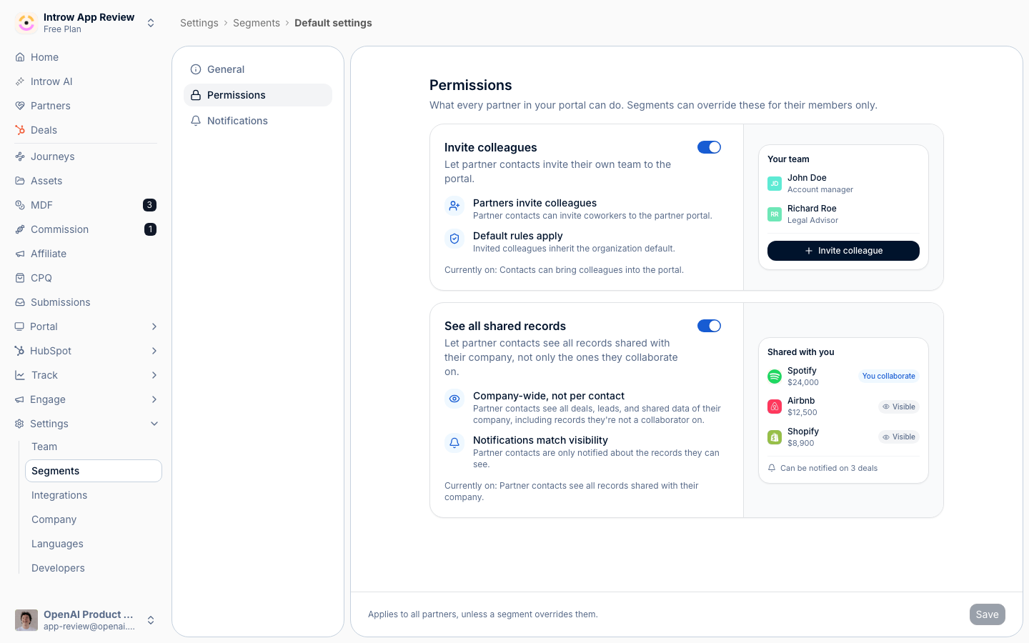 The Permissions tab of Default settings, with the Invite colleagues and See all shared records cards each previewing the partner-side result