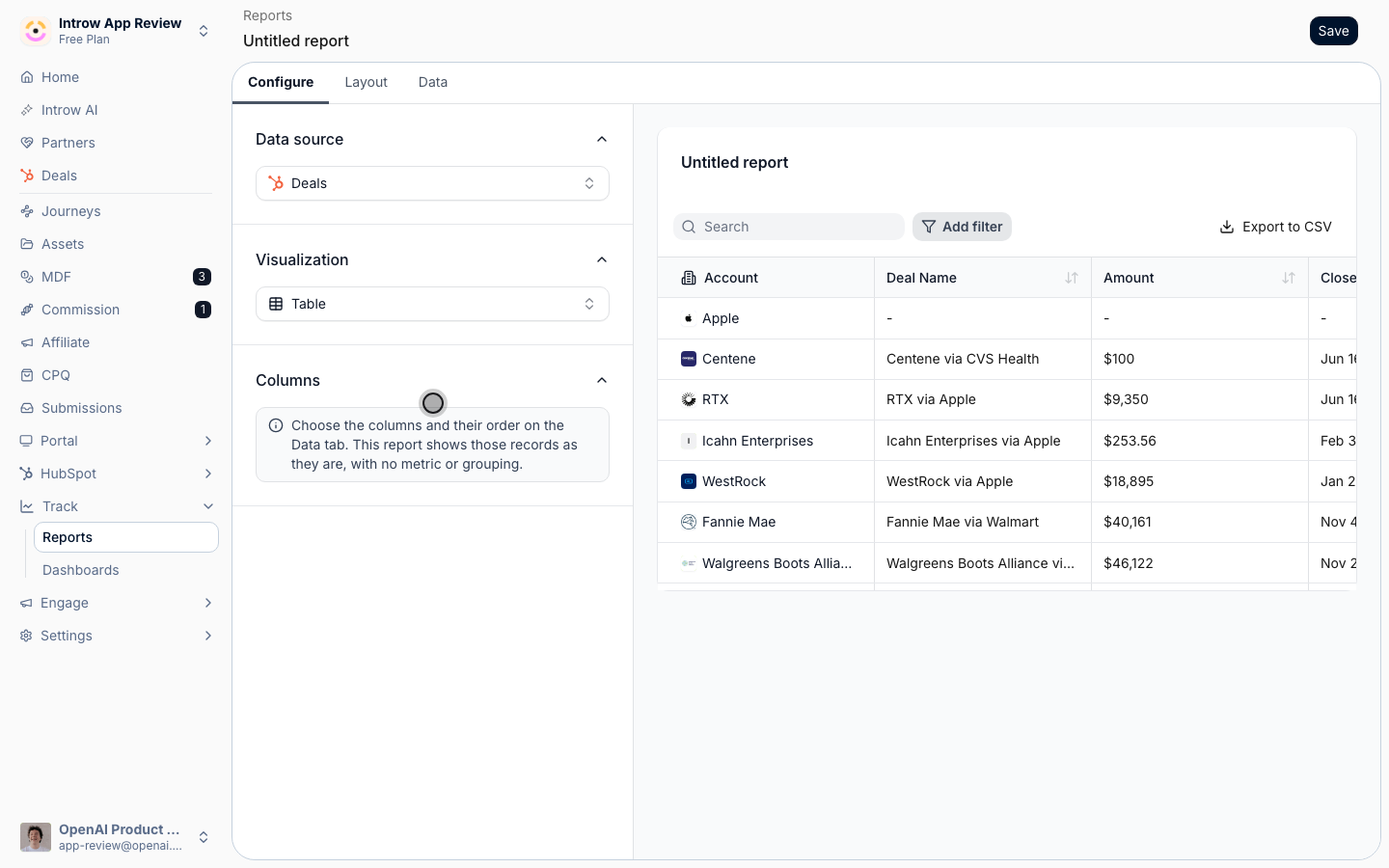 The report builder with Visualization set to Table, rendering the report's own deal records with their columns instead of a grouped chart