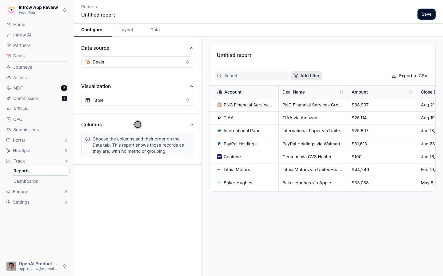 The Configure tab for a table report, offering Data source, Visualization and Columns with no Metric, X-axis or Breakdown sections