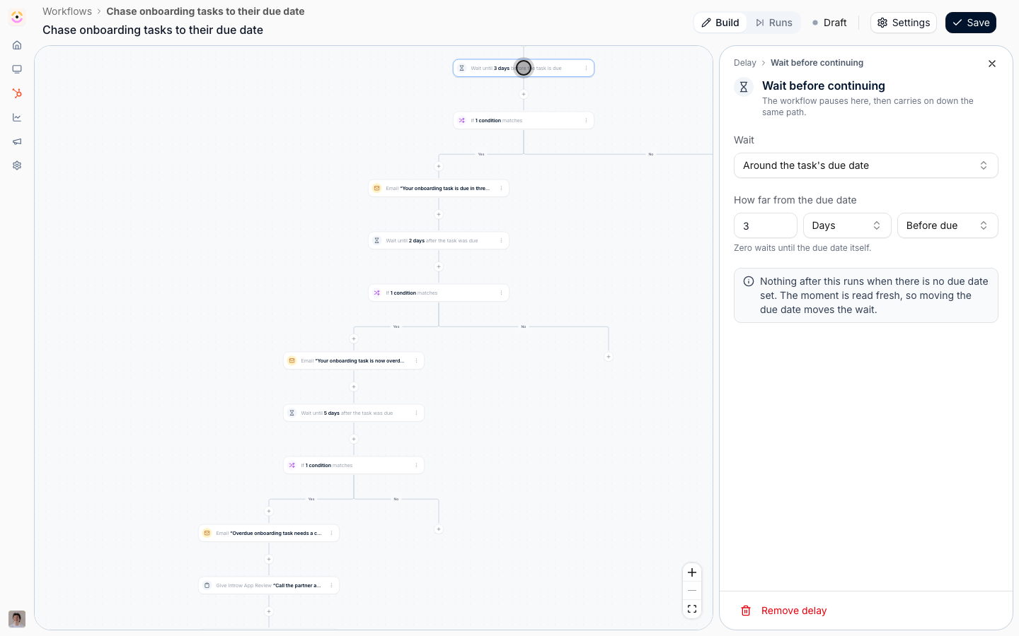 A delay node's panel with Wait set to Around the task's due date, and the offset row reading 3 Days Before due