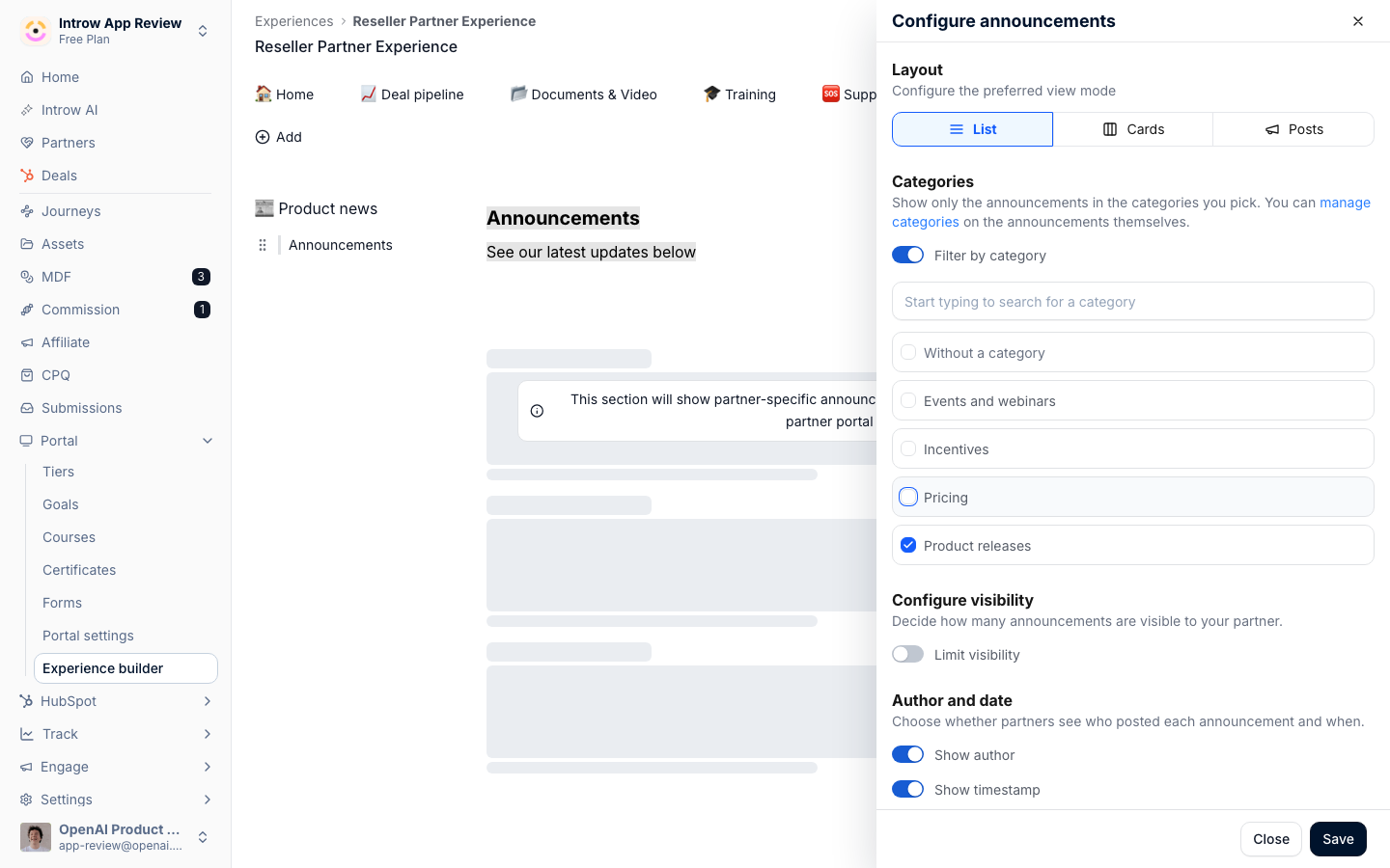 The Configure announcements sheet in the experience builder with Filter by category on, only Product releases ticked, and the Author and date toggles below.