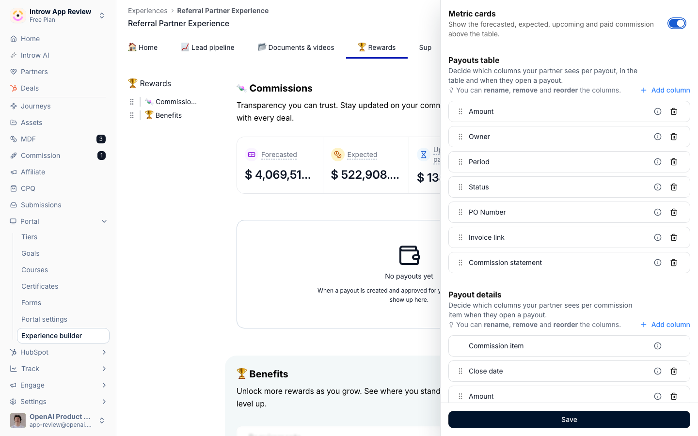 The Configure panel on a Commissions section: a Payouts table list with Amount, Owner, Period, Status, PO Number, Invoice link and Commission statement, and a Payout details list starting with Commission item.