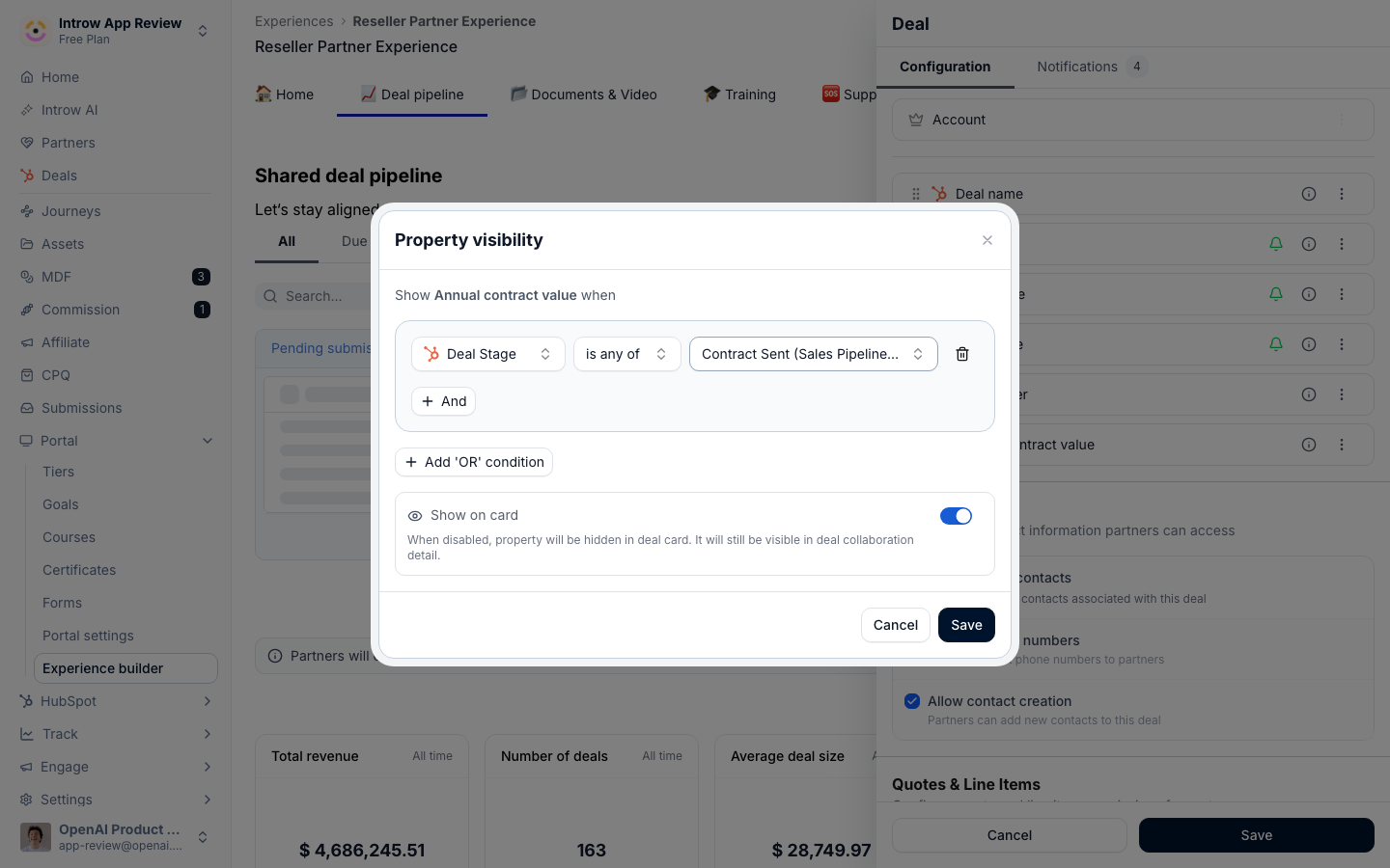 The Property visibility dialog on a shared pipeline, reading Show Annual contract value when Deal Stage is any of Contract Sent, with the Show on card switch below.